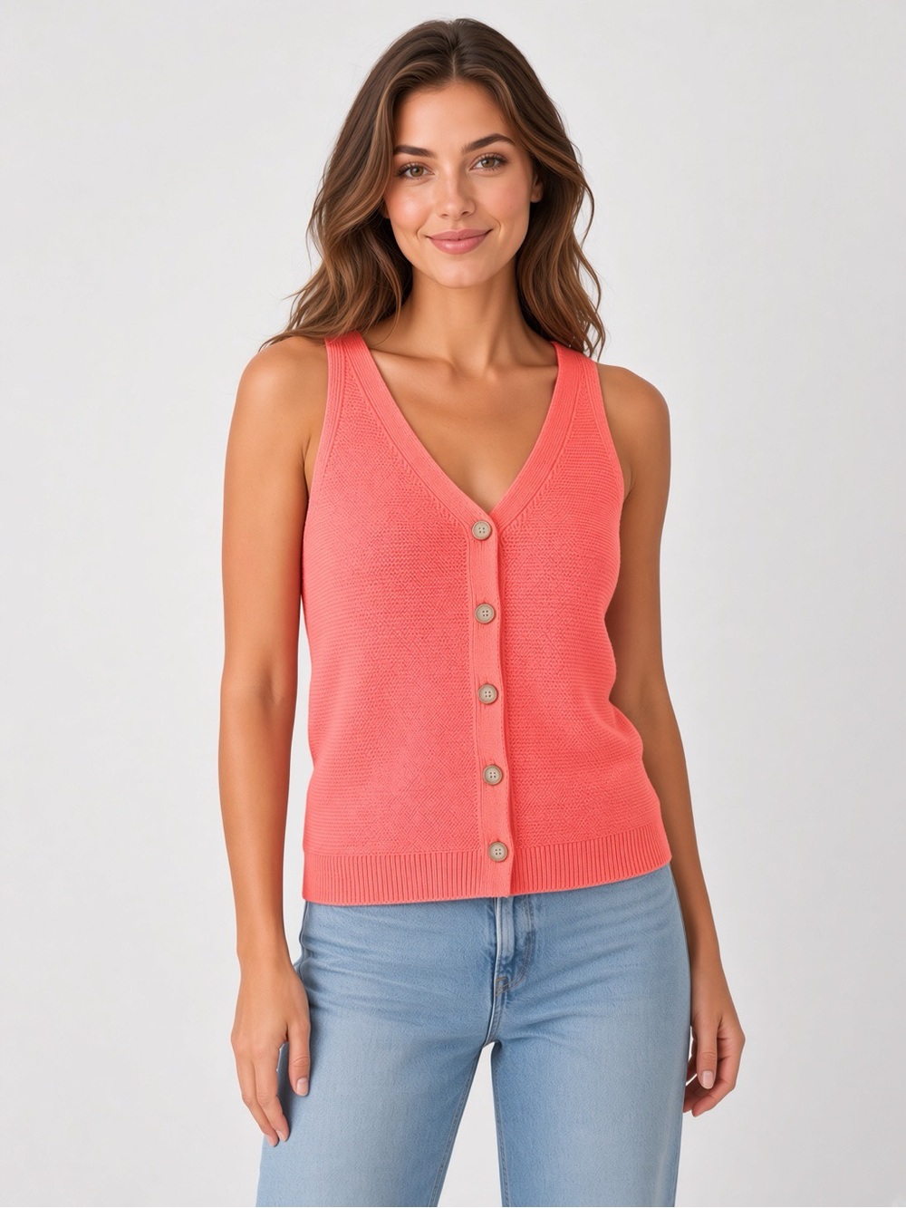 LOFT Coral Button-Front V-Neck Knit Tank